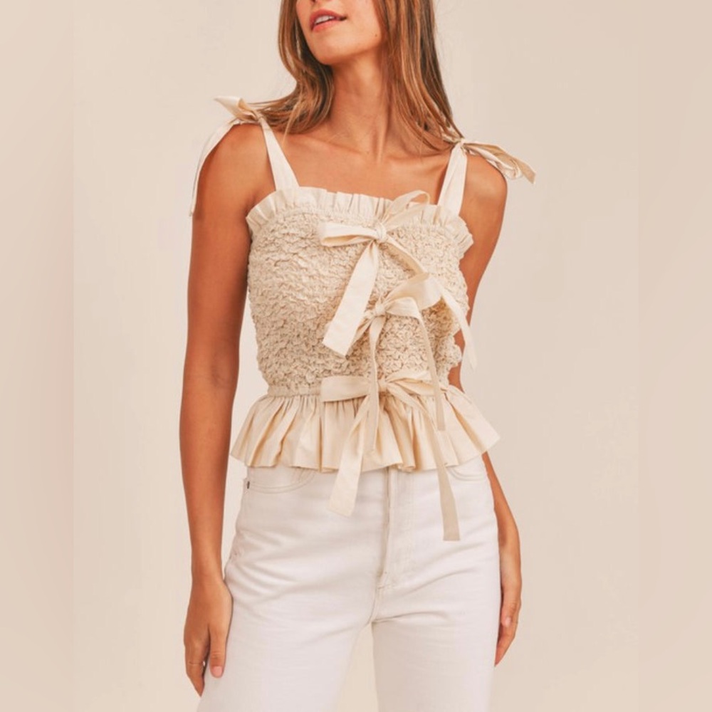 Matisse Tie Strap Cotton Peplum Top by EN SAISON Sleeveless Smocked Ribbon Bow
